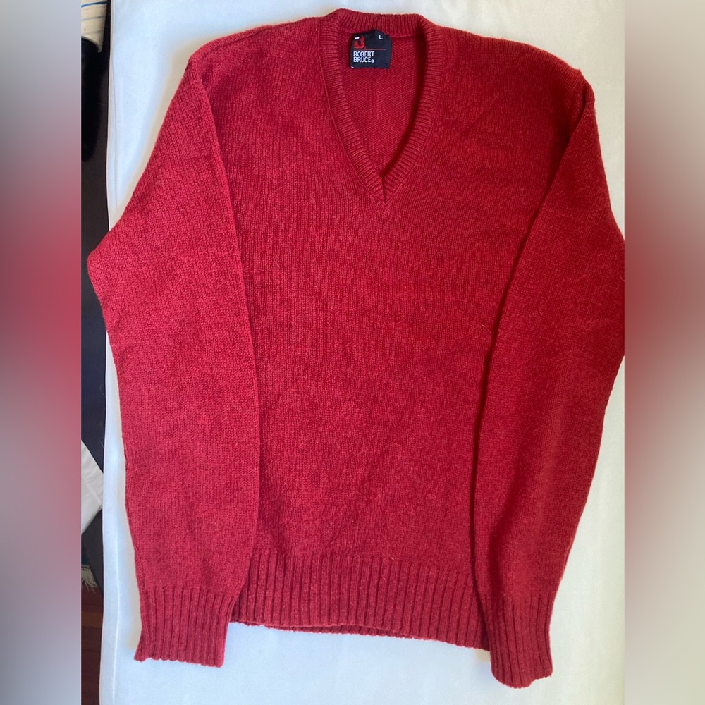 Vintage Rag Wool Red V-Neck Sweater union made USA women’s L Robert Bruce